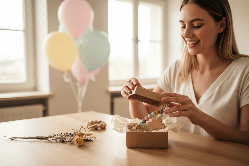 Uśmiechnięta młoda kobieta otwiera pudełko z drewnianym łańcuszkiem do smoczka, w tle pastelowe balony