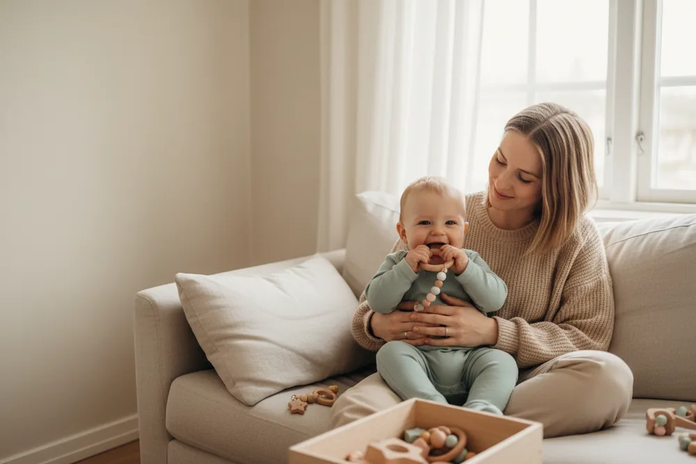 Młoda mama uśmiecha się do niemowlęcia, które gryzie drewniany gryzak