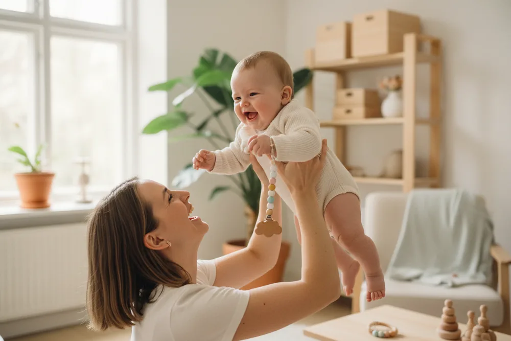 Roześmiana mama unosi chichoczące niemowlę, do body przypięty jest łańcuszek do smoczka