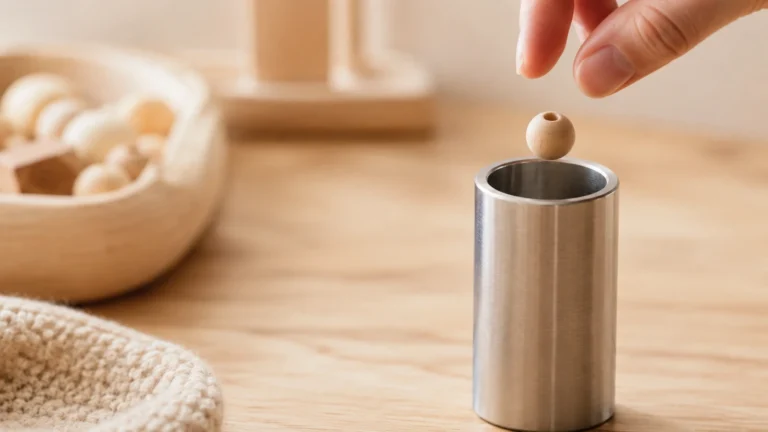Zdjęcie studyjne czystego metalowego cylindra (średnica 31,7 mm) na drewnianym podłożu, obok mały drewniany koralik, który właśnie wpada do środka — wizualna ilustracja testu na małe części. Miękkie oświetlenie, skupienie na krawędzi cylindra.