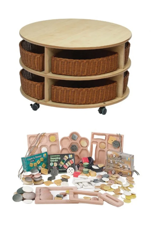 Dwustopniowa mobilna jednostka przechowywania okrągłego z koszykami & Loose Parts Set -  PT1172 — Millhouse Zabawka edukacyjna Szkoła