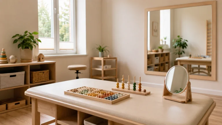Jasny pokój terapeutyczny z Galaxy Mirror Maple i niskim stolikiem, lustro i zestaw drewnianych korników widoczne.