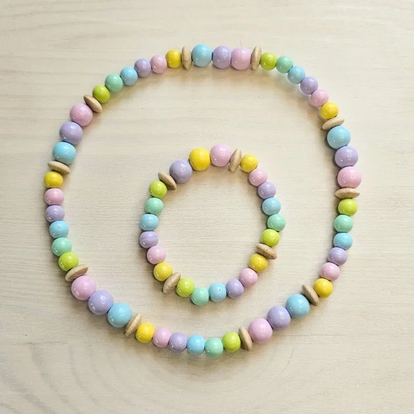 Naszyjnik z drewnianych kulek i bransoletka "Pastel" - Zestaw do majsterkowania — Kiki-Ena materiały do craftu naturalne drewno