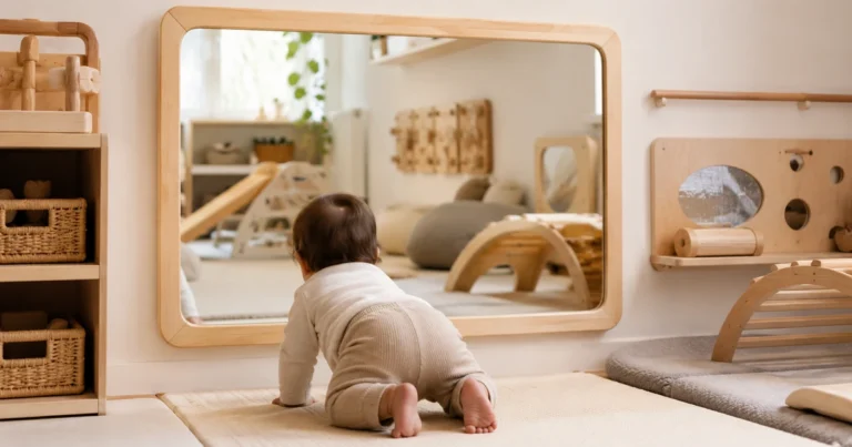 Galaxy Mirror Maple w jasnym pokoju sensorycznym, dziecko (tylko tył głowy) patrzy na swoje odbicie.