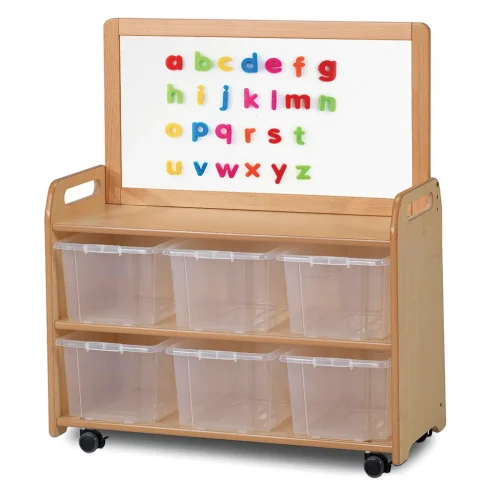 Mobilna jednostka z magnetyczną płytą whiteboard i 6 przezroczystymi pojemnikami — Millhouse Zabawki Edukacyjne Szkoła