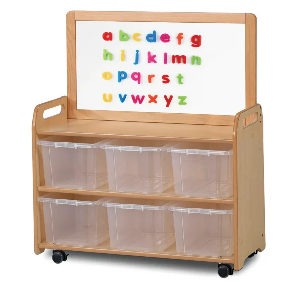 Mobilna jednostka z magnetyczną płytą whiteboard i 6 przezroczystymi pojemnikami — Millhouse Zabawki Edukacyjne Szkoła