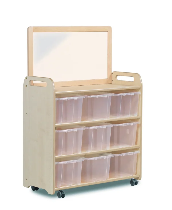 Mobilny system regałowy z lustrem i 9 przezroczystymi pojemnikami — Millhouse Zabawki Edukacyjne Szkoła