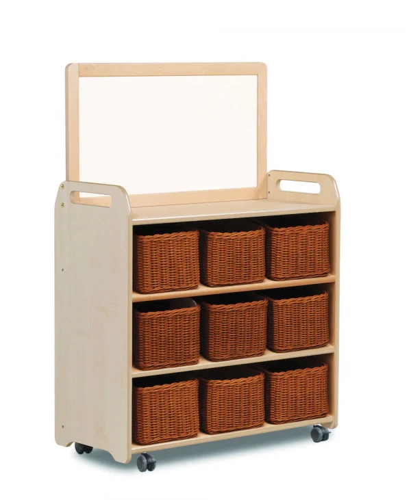 Mobilny system regałowy z magnetyczną płytą whiteboard i 9 przezroczystymi pojemnikami — Millhouse Zabawki Edukacyjne Szkoła