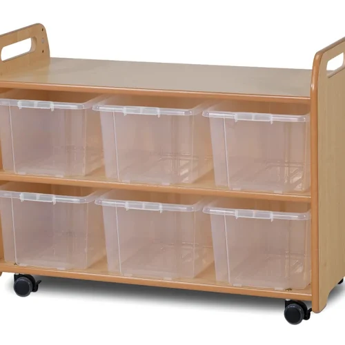 Mobilny system regałowy z witryną, lustrzanym panelem tylnym i 6 przezroczystymi pojemnikami — Millhouse Edukacyjne zabawki szkoła