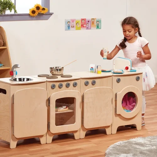 Naturalny zestaw kuchenny, 4-częściowy – Kuchenka, Umywalka, Pralka, Lodówka (H 550 mm) — Millhouse Lernspielzeug Schule