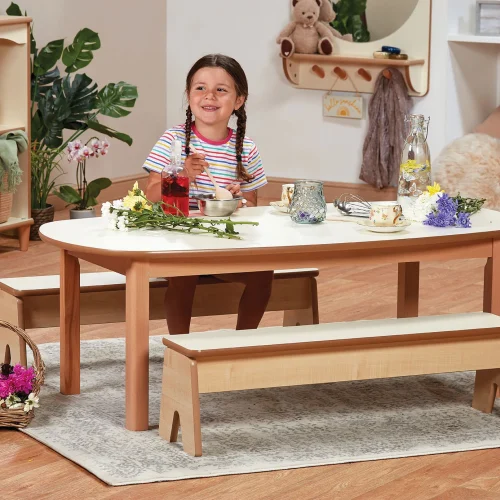 Stół do zabawy dramatycznej z 2 ławkami — Millhouse zabawki edukacyjne szkoła