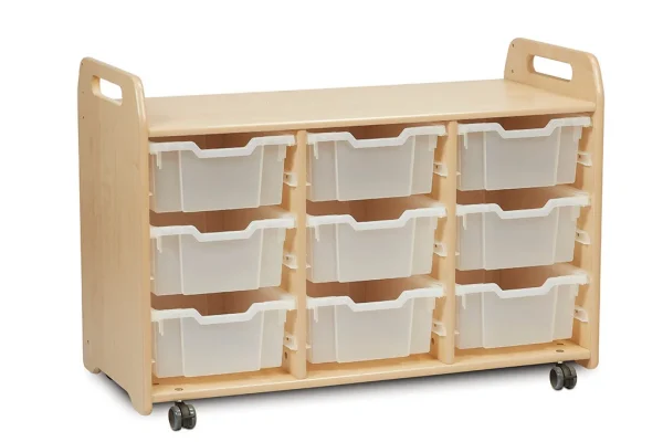 Szafka do przechowywania tac (3 kolumny, 730 mm wysokości) z 9 głębokie tace — Millhouse Lernspielzeug Schule