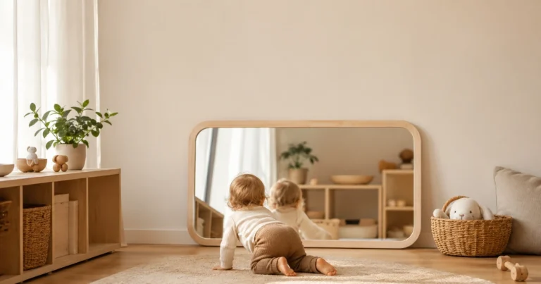 Galaxy Mirror Maple w kącie żłobka, dziecko (tylko tył głowy) czołga się przed lustrem.