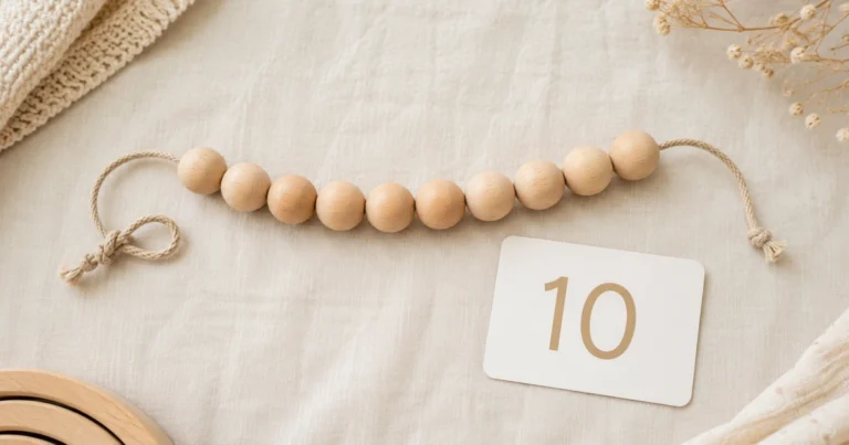 Dziesięć drewnianych perełek nawleczonych na sznur, obok karty z cyfrą "10".